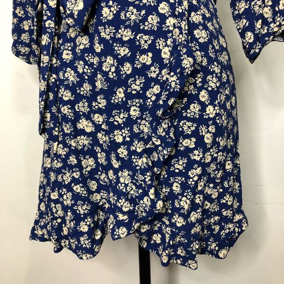 Sezane Dress Asianne Cara Antique Floral Wrap Mini Navy Blue Ruffle French 38 - Picture 5 of 13